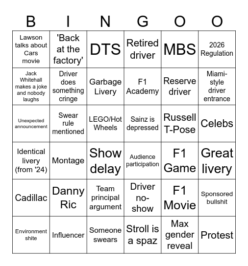 F1 75 Bingo Card