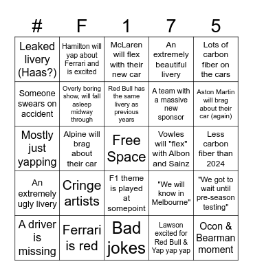 F175 Car Launch Bingo Card