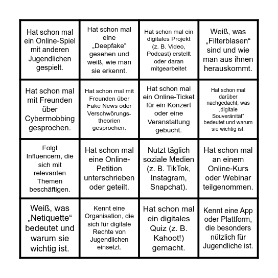 Digitale Jugendarbeit Bingo Card