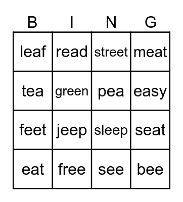 ee / ea sound Bingo Card