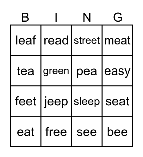 ee / ea sound Bingo Card
