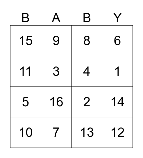 Baby shower Bingo Card