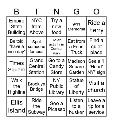 New York Sightseeing Bingo Card