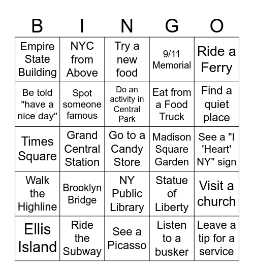 New York Sightseeing Bingo Card
