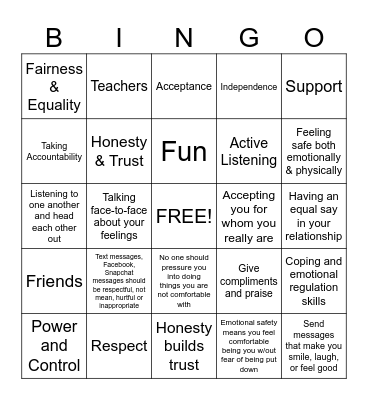 Healthy Teen Relationships Bingo Card