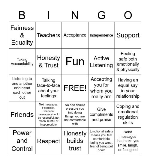 Healthy Teen Relationships Bingo Card