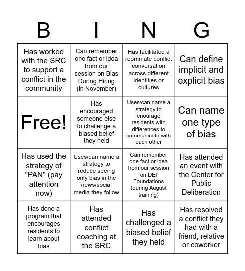 Dialogue and Bias Bingo Card