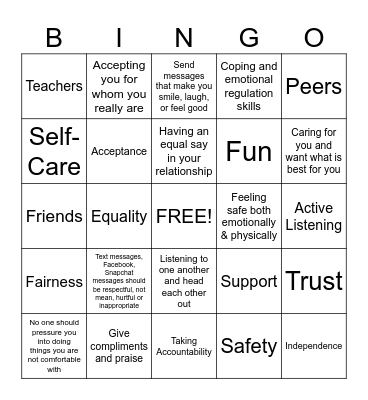 Healthy Teen Relationships Bingo Card