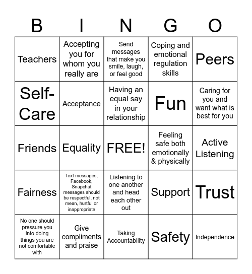 Healthy Teen Relationships Bingo Card