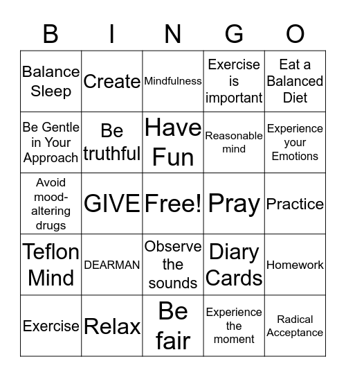 Dbt Bingo Game Bingo Card