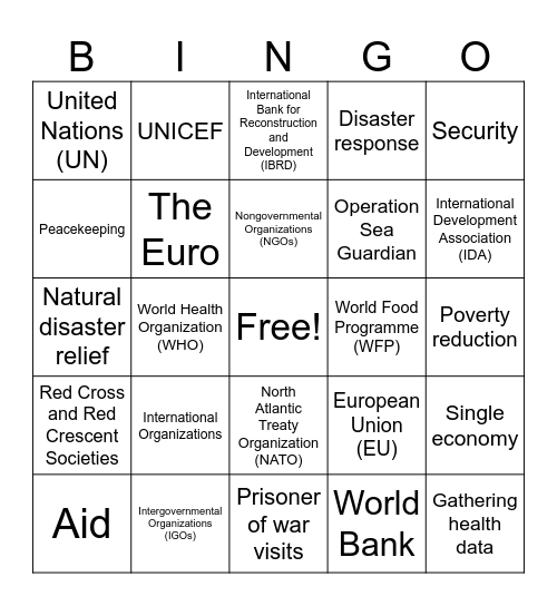 International Organizations Bingo Card