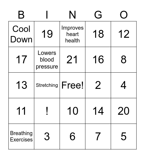 Physical Activity Bingo Card