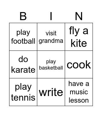 Activities Bingo Card