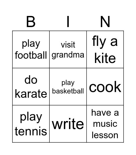 Activities Bingo Card