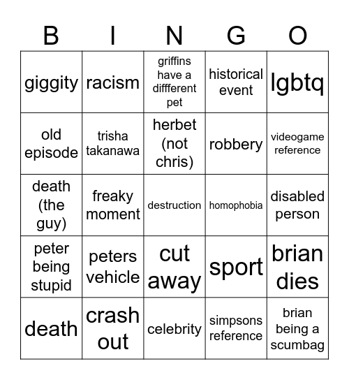 family guy Bingo Card