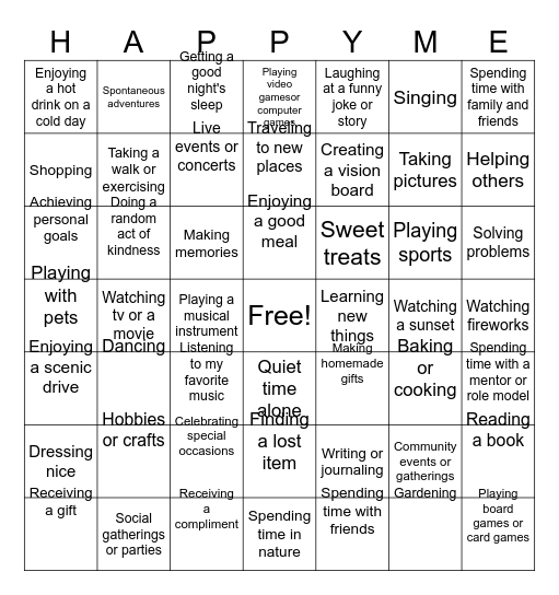What Makes Me Happy Bingo Card