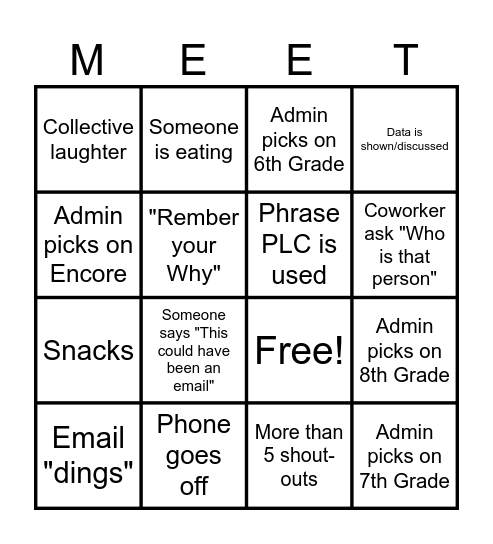 Staff Meeting Bingo Card