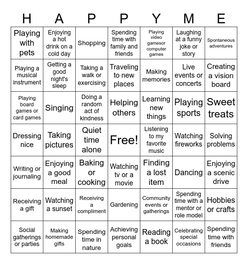 What Makes Me Happy Bingo Card
