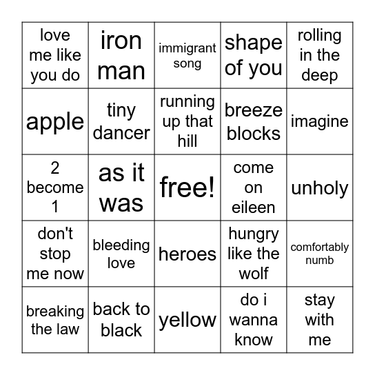 British Invasion Bingo Card