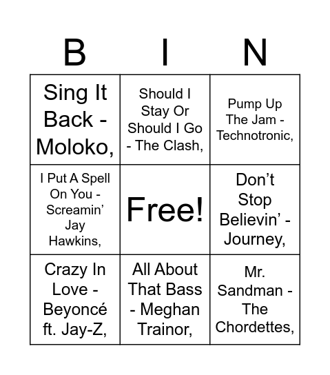 Song Bingo Card