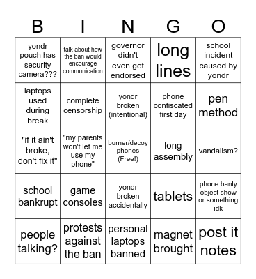 Phone Ban Bingo Card