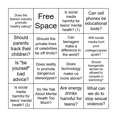 Argument Topic Bingo Card
