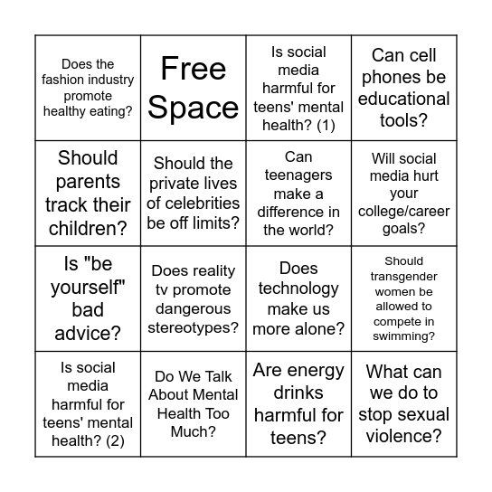 Argument Topic Bingo Card