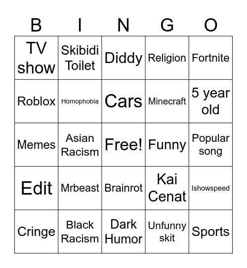 YouTube Shorts Bingo Card
