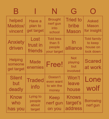 Senior assassin Bingo Card