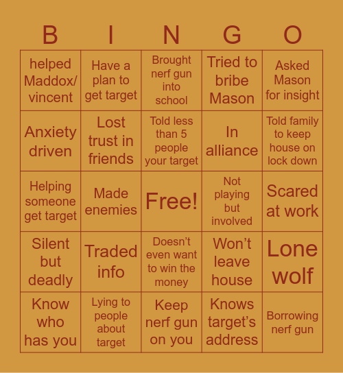 Senior assassin Bingo Card
