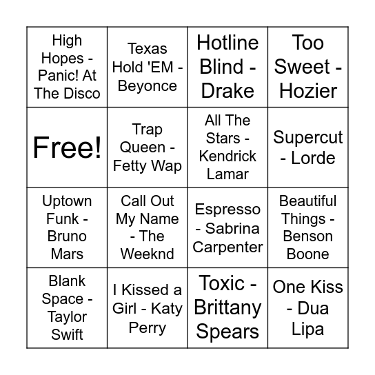 Musical Bingo Card