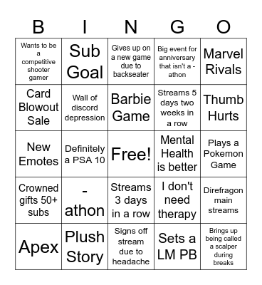 2025 Stream Bingo Card