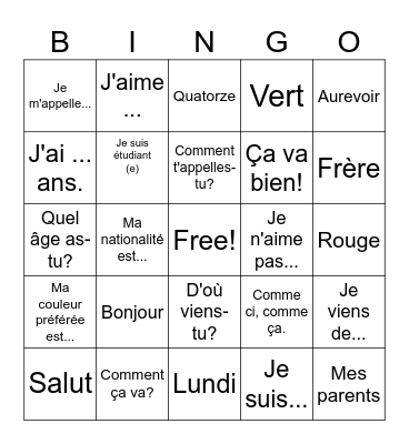 French Introductions and Greetings Bingo Card