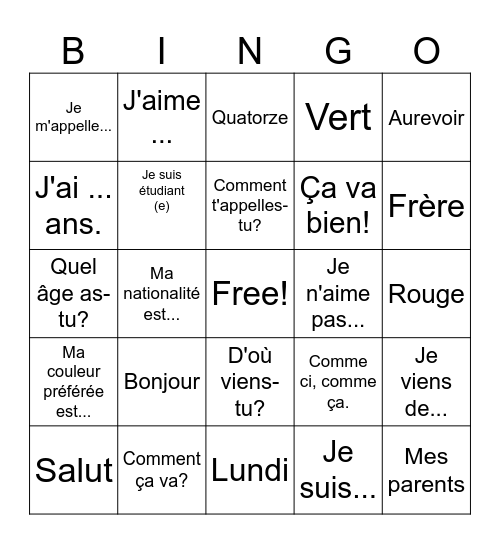 French Introductions and Greetings Bingo Card