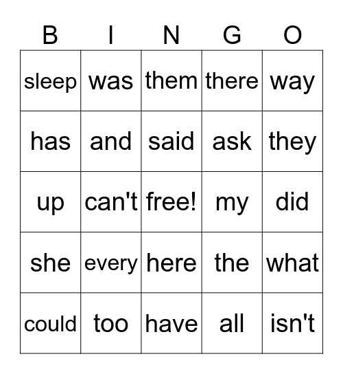 Sight Word Pingo Bingo Card
