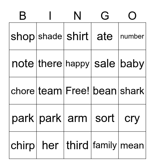 I can read! Bingo Card
