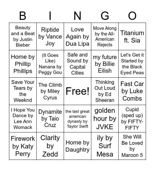 2000s-Today Music Bingo Card
