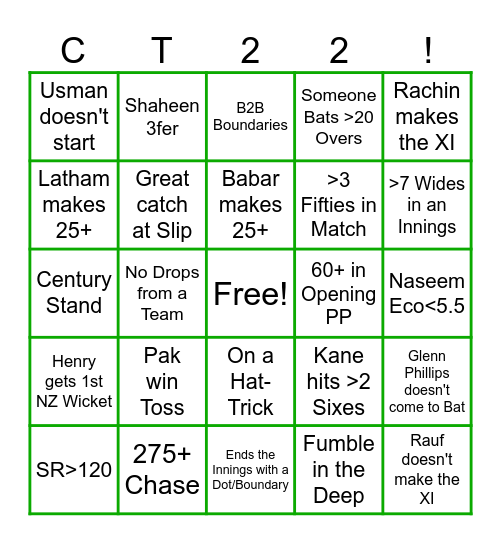 NZ vs PAK Bingo Card