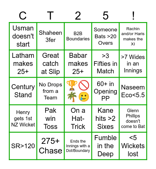 NZ vs PAK Bingo Card