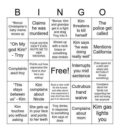 Kimisms Bingo Card