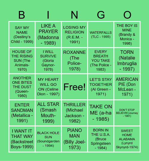 70's to 90's Music Bingo Card