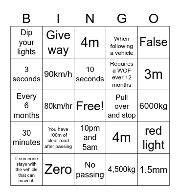 Road Code B Bingo Card