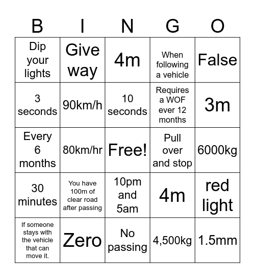 Road Code B Bingo Card