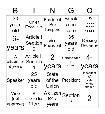 Article I and II Bingo Card