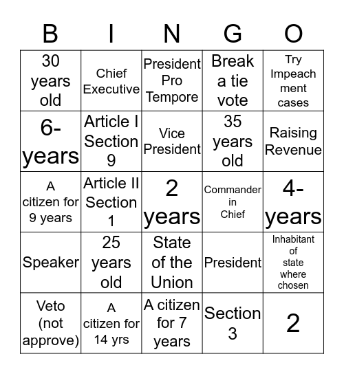 Article I and II Bingo Card