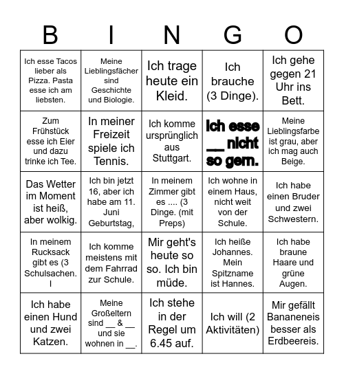 Alles ueber mich! Bingo Card