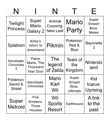 Nintendo Music Bingo Card