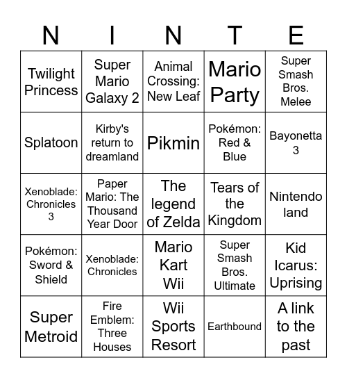 Nintendo Music Bingo Card