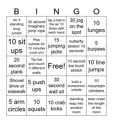 Physical Education  Bingo Card