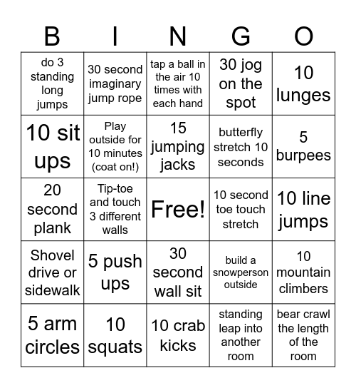 Physical Education  Bingo Card
